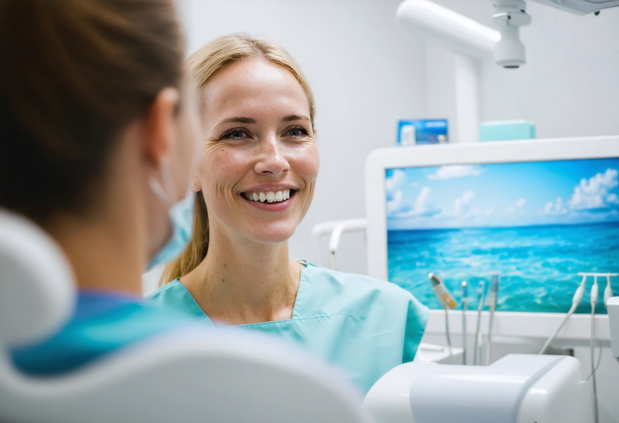 A smiling patient looks at their reflection in a dental office after receiving a dental