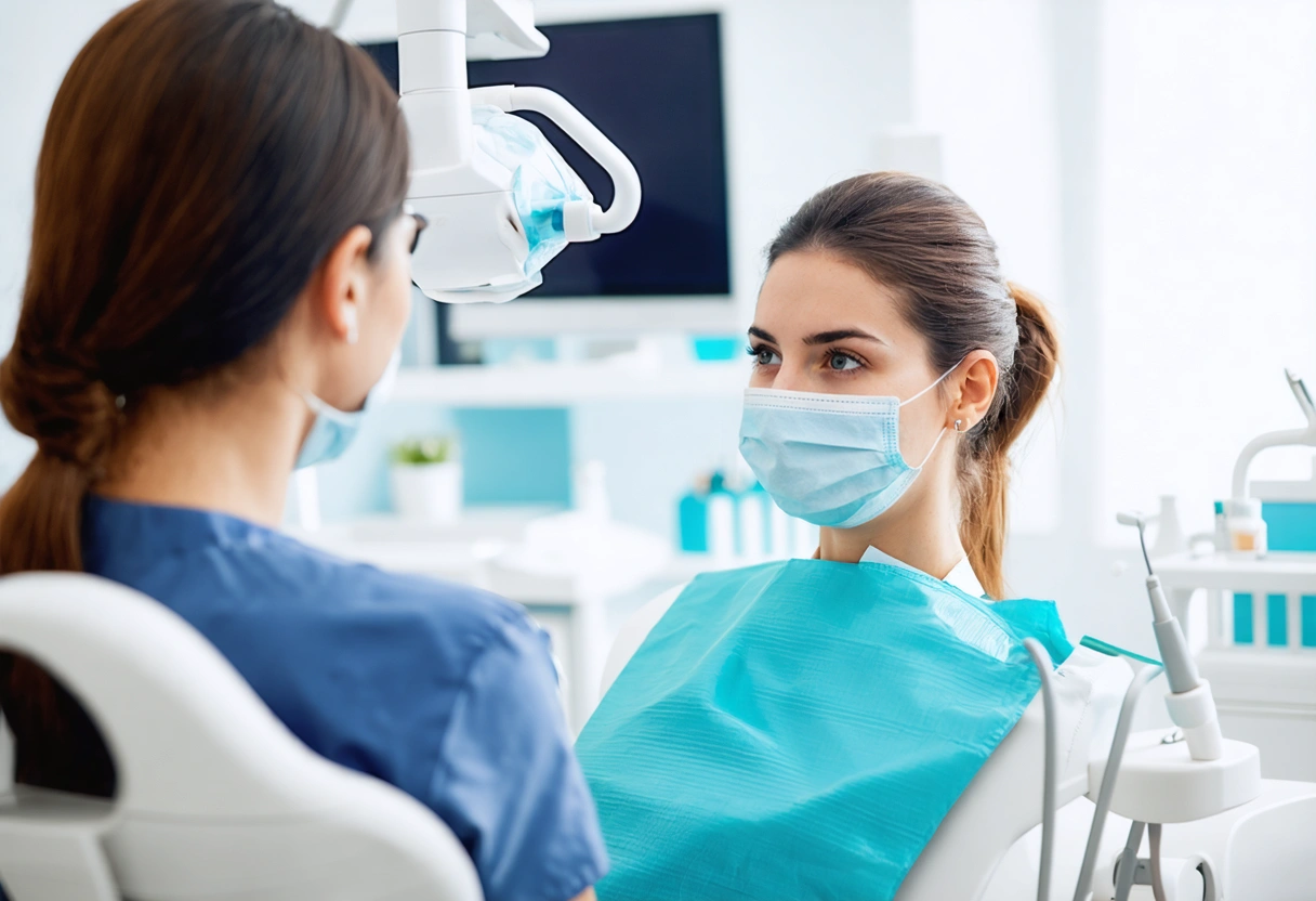 A patient being warmly greeted at Soleil Dental Studio, comfortable seating area, dentist discussing treatment
