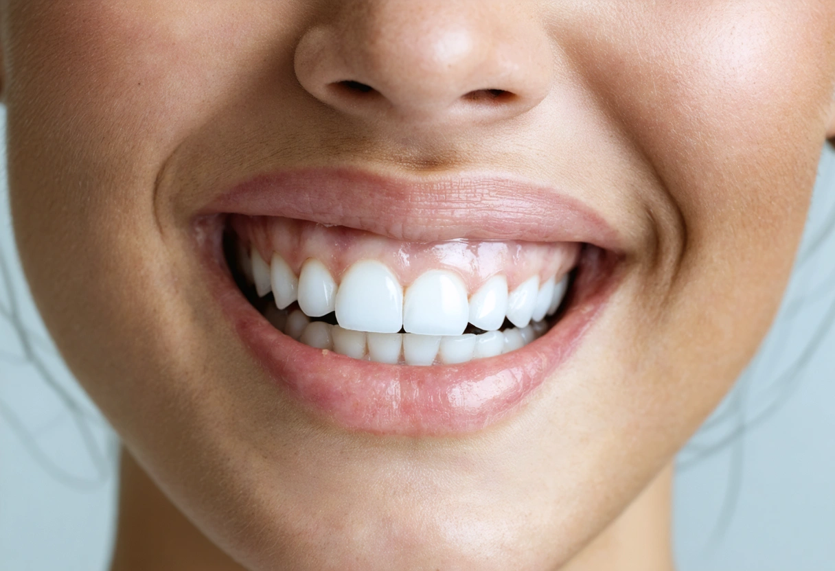 Smiling patient with a subtle dental bridge in a bright dental clinic