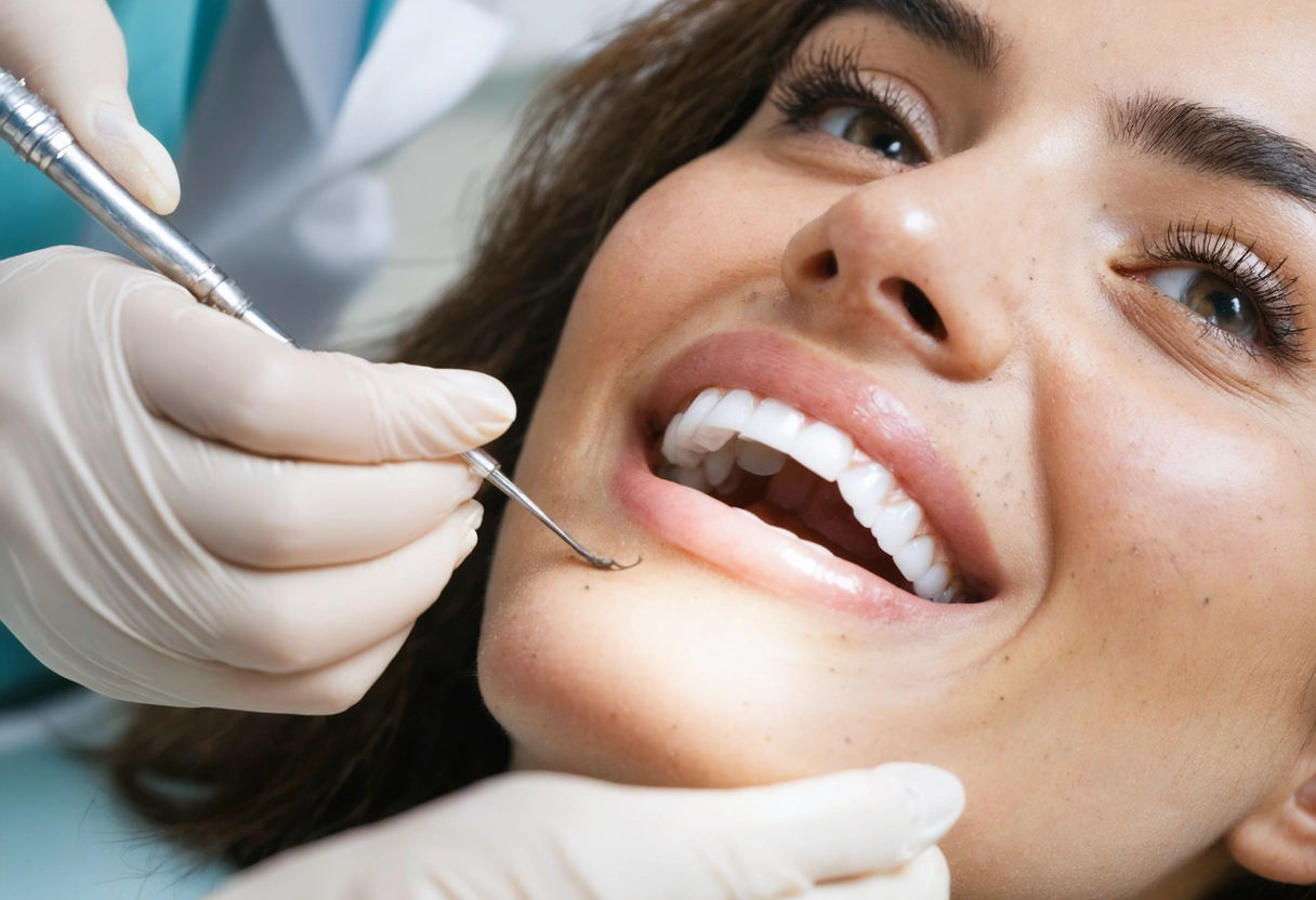 Close-up of a dentist applying ultra-thin veneers to a patient's teeth. The room has a