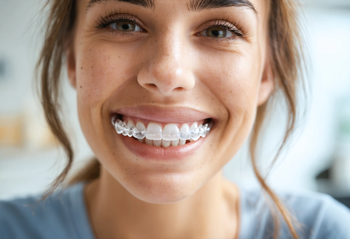 Person smiling, holding clear aligners in a modern dental studio
