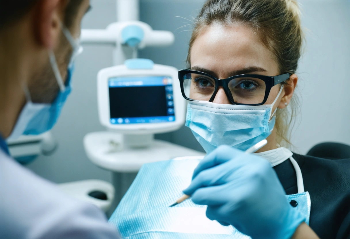 Dentist and patient in a consultation room, engaged in friendly conversation. Close-up view highlighting trust