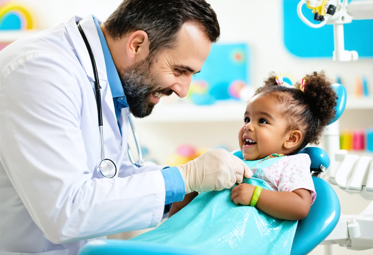Dr. Barrucci engaging with smiling child in colorful dental studio
