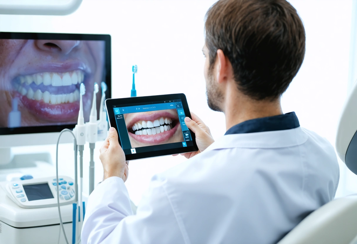 Dr. Barrucci educating patient on oral hygiene using digital tablet