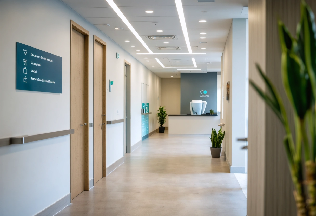 Modern dental practice hallway leading to treatment rooms with clear icon-style signage