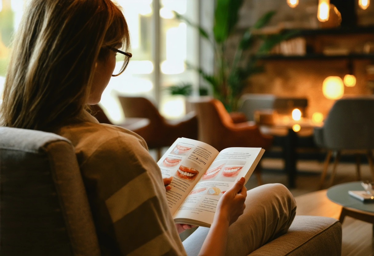 Patient reading educational dental material in a cozy lounge area. Focus on engagement and learning.
