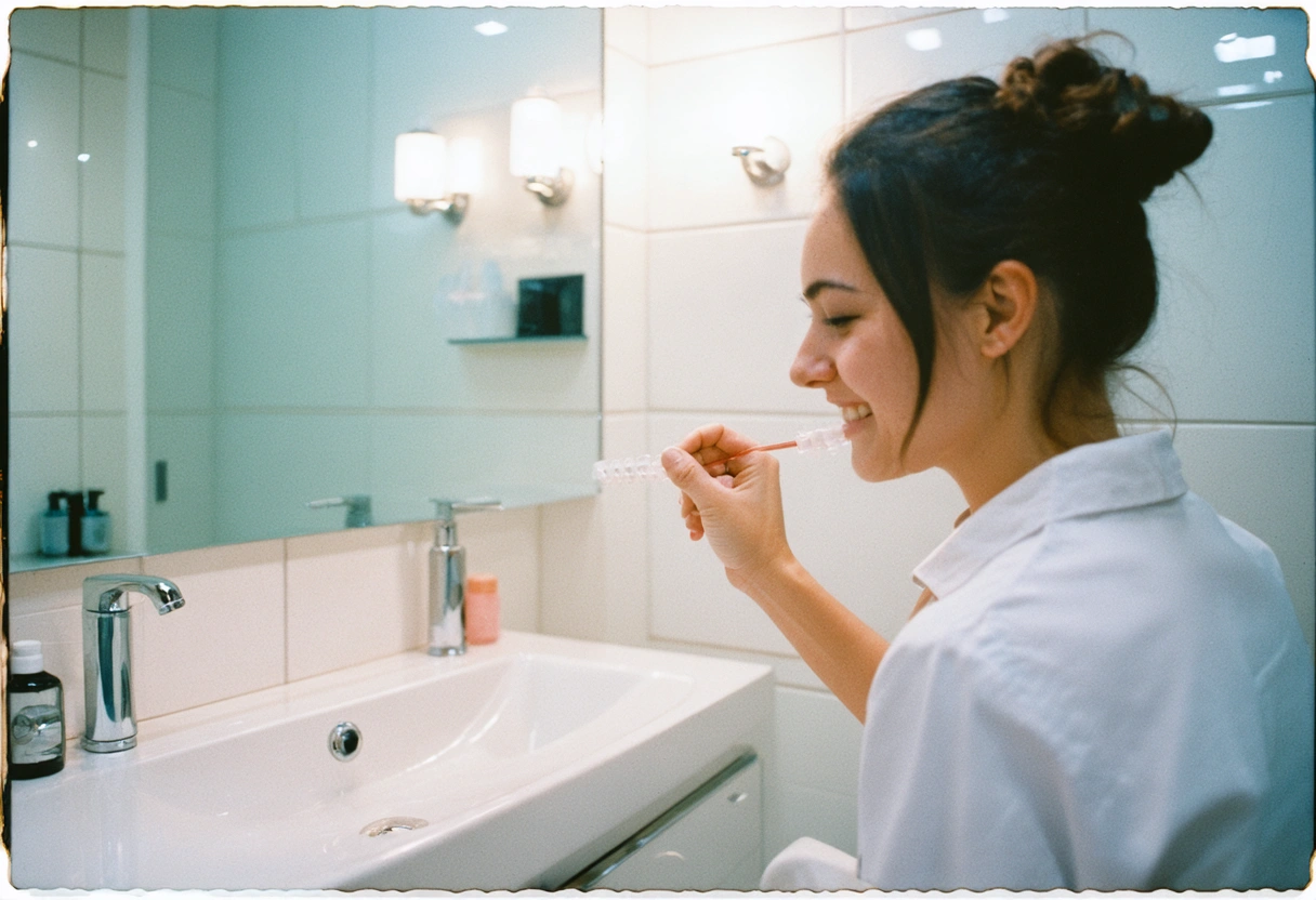 Person cleaning aligners in a bright, organized bathroom