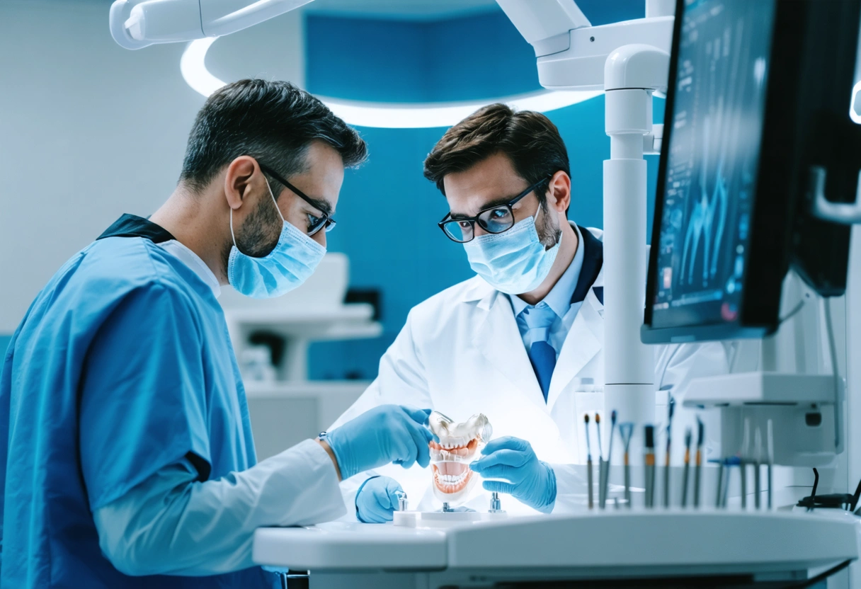Two dentists discuss a dental model in a modern clinic, surrounded by dental tools and