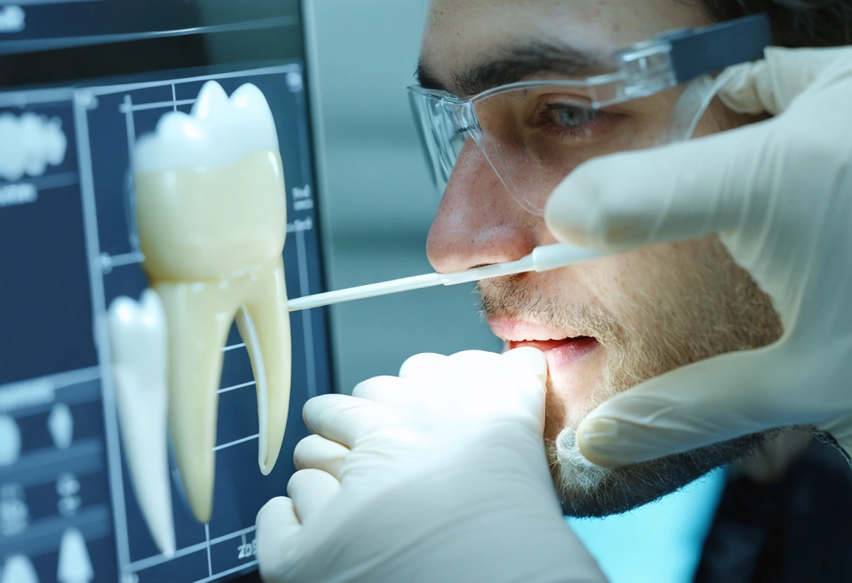 A close-up of a dentist using CAD/CAM technology to design a dental restoration. The screen