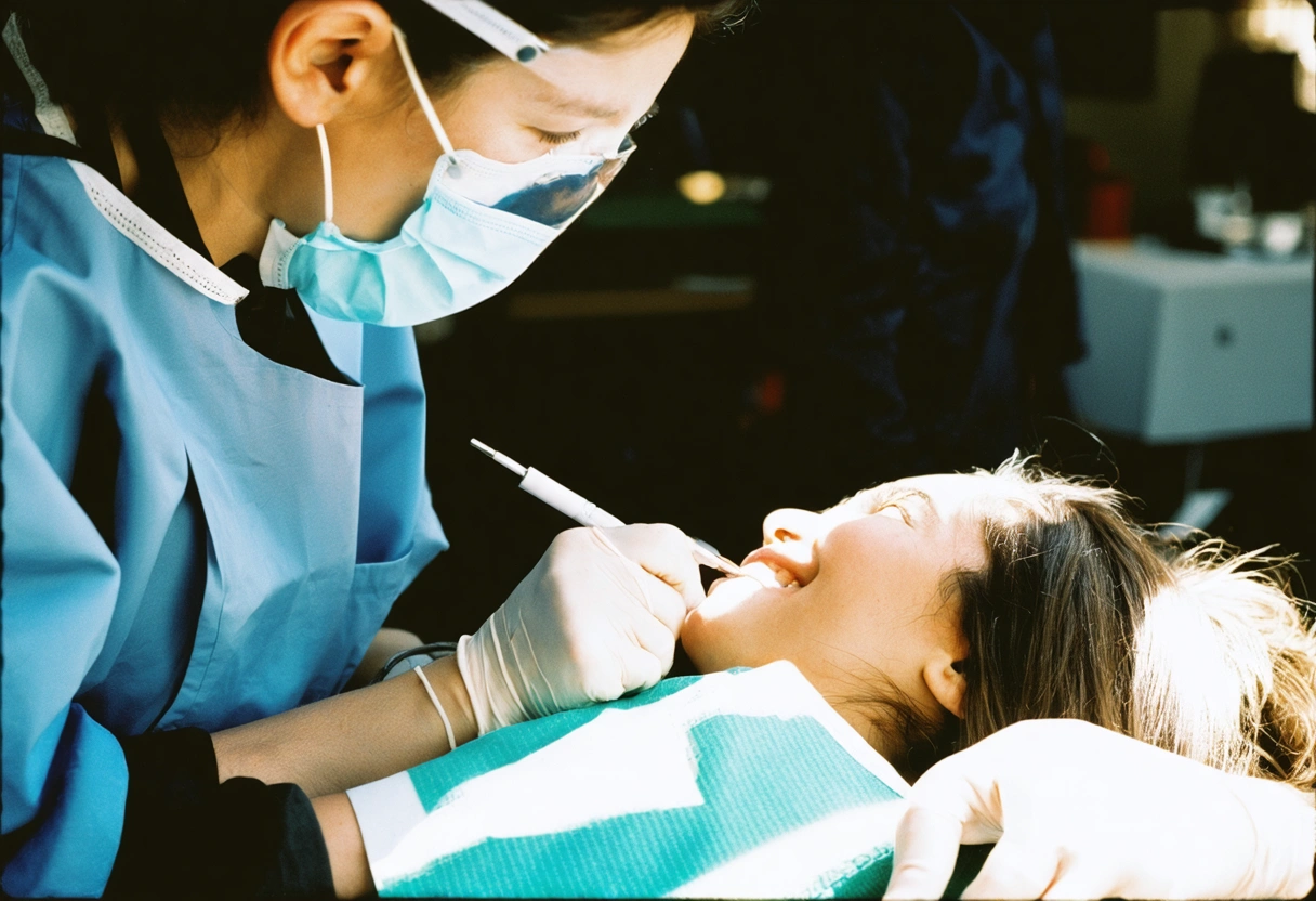 A community dental event with a dentist providing free care to a patient in a