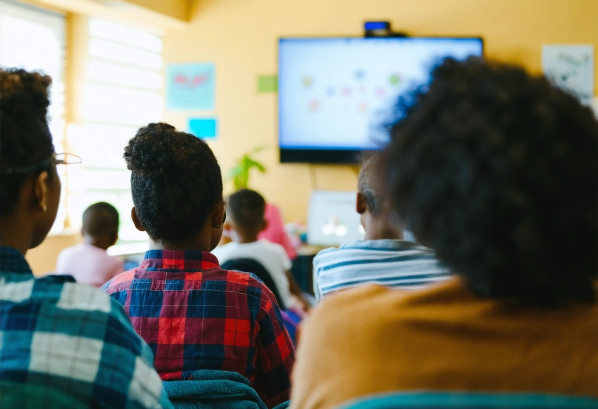 Families attending oral health genetics workshop in bright community center