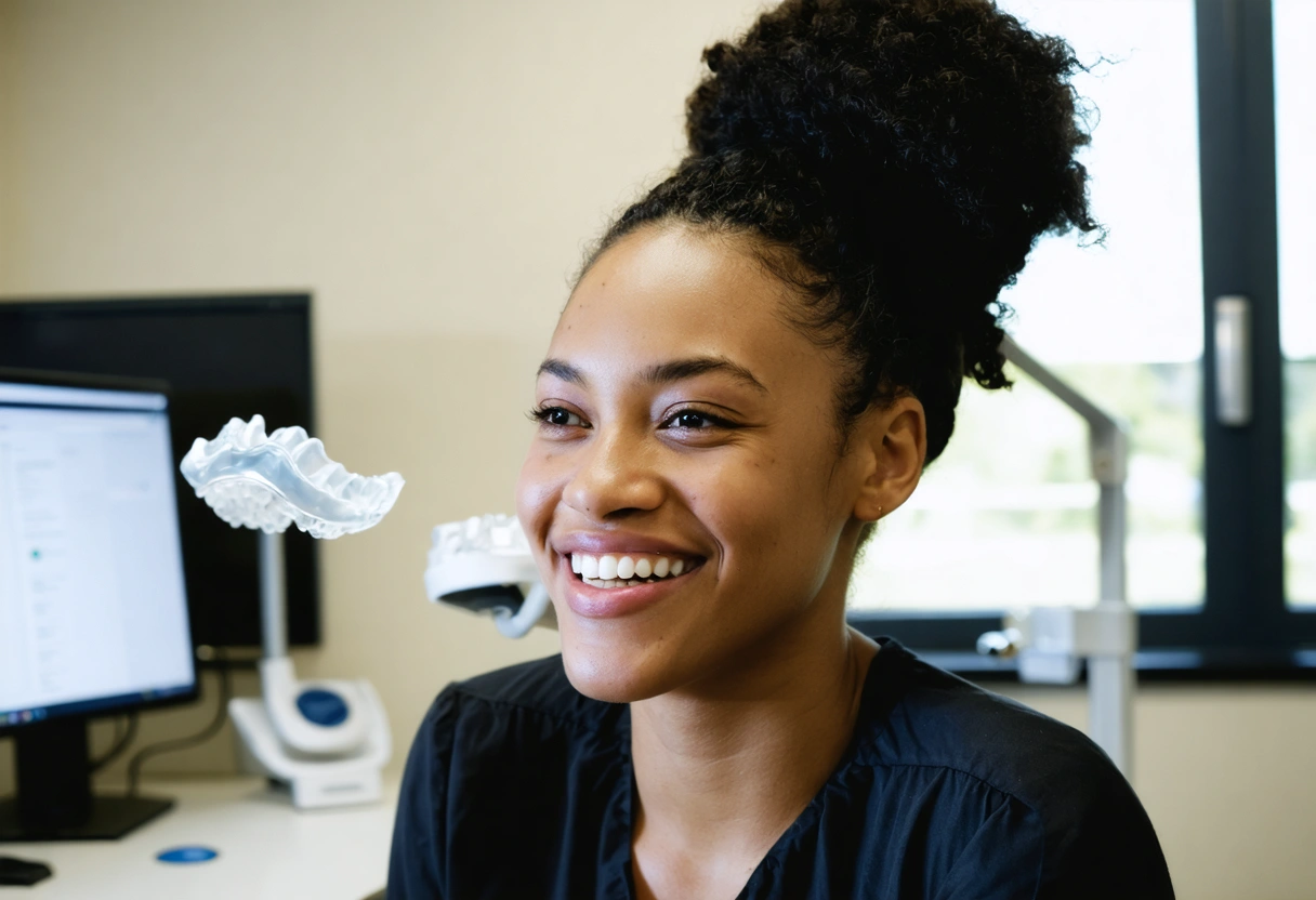 Confident person smiling in office, clear aligners barely visible