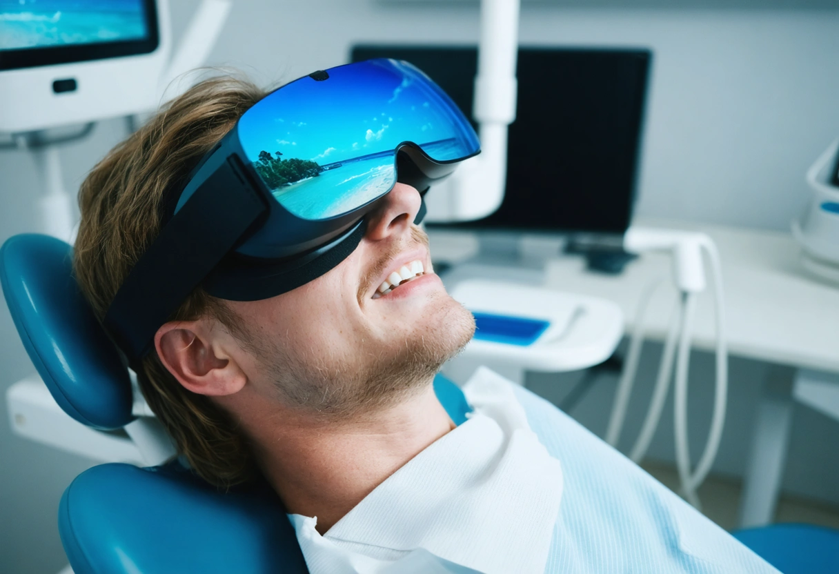 A dental patient wearing VR goggles, immersed in a virtual beach scene. The dentist works