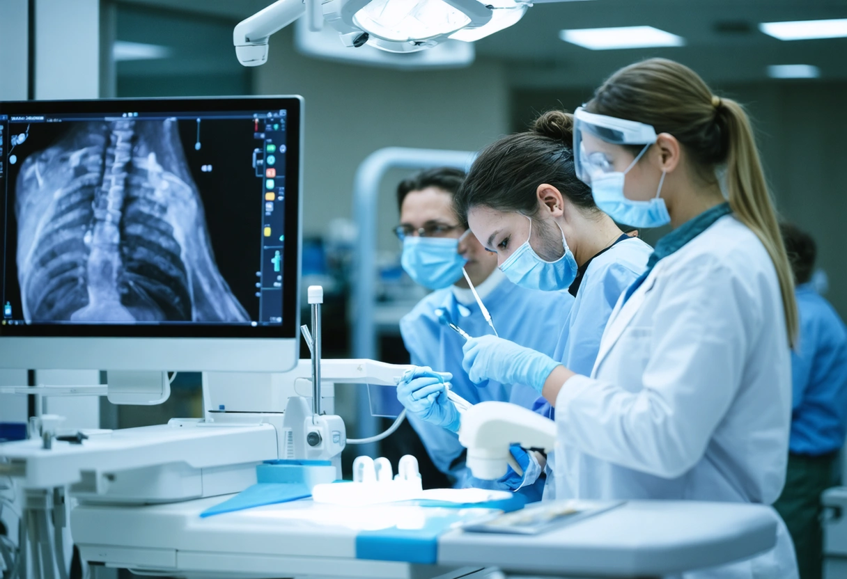 A dental team engaged in a workshop, learning the latest techniques. Educational materials and digital