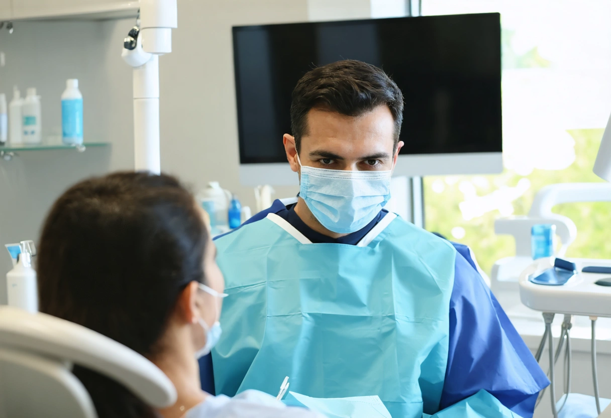 A dentist and patient in a cozy dental office. The dentist listens attentively as the
