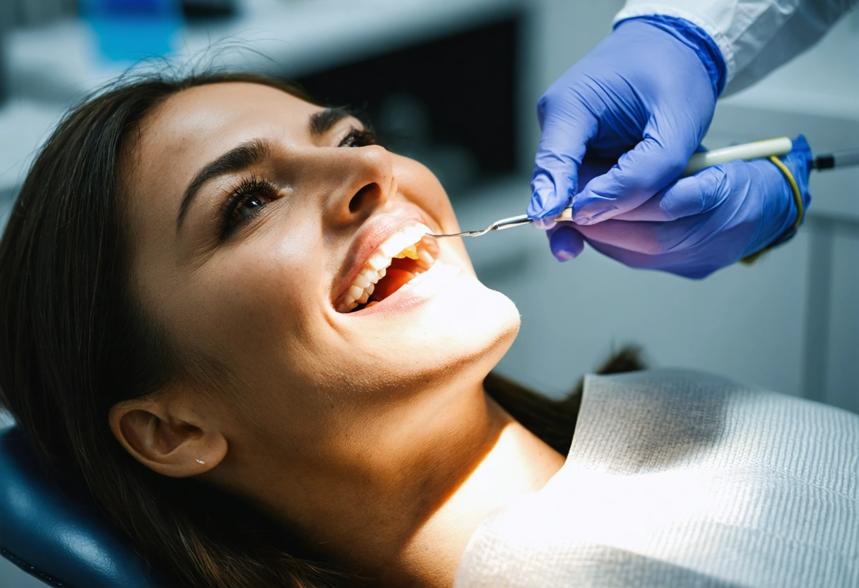 A dentist applying a professional teeth whitening treatment in a modern dental office. The patient