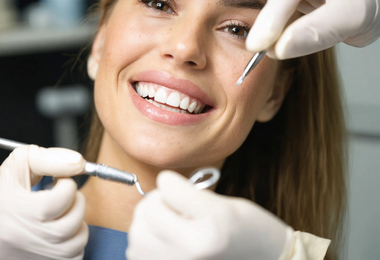 A dentist at Soleil Dental Studio showcasing a before-and-after smile transformation. The room is elegant