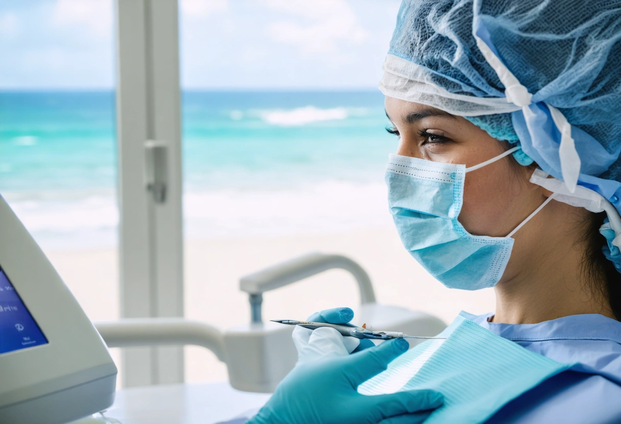 Dentist at Soleil Dental Studio perfecting a smile in a serene, ocean-themed room.
