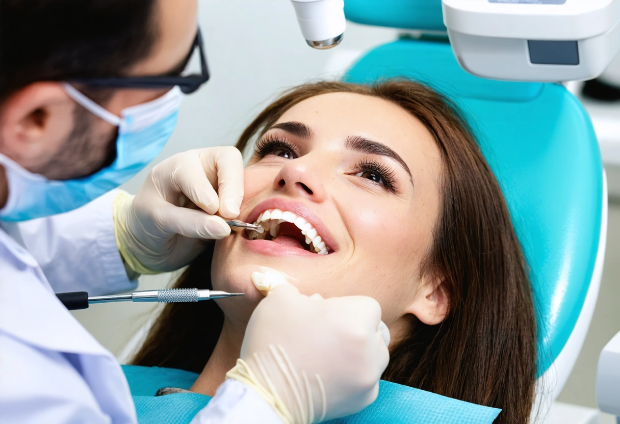 A dentist carefully examining a patient's teeth in a modern, spa-like dental studio. The room
