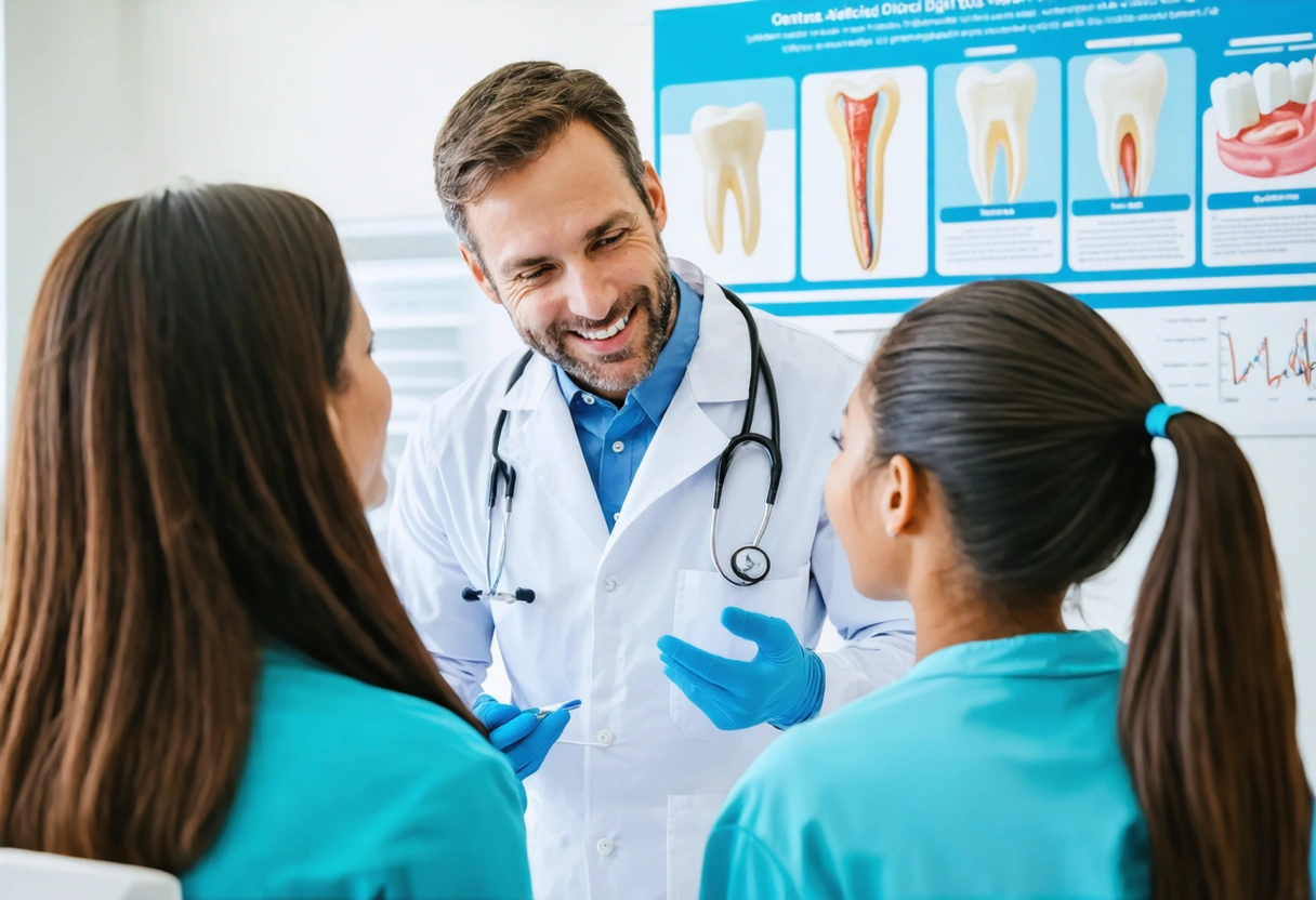 Dentist discussing oral-systemic health link with family in modern clinic