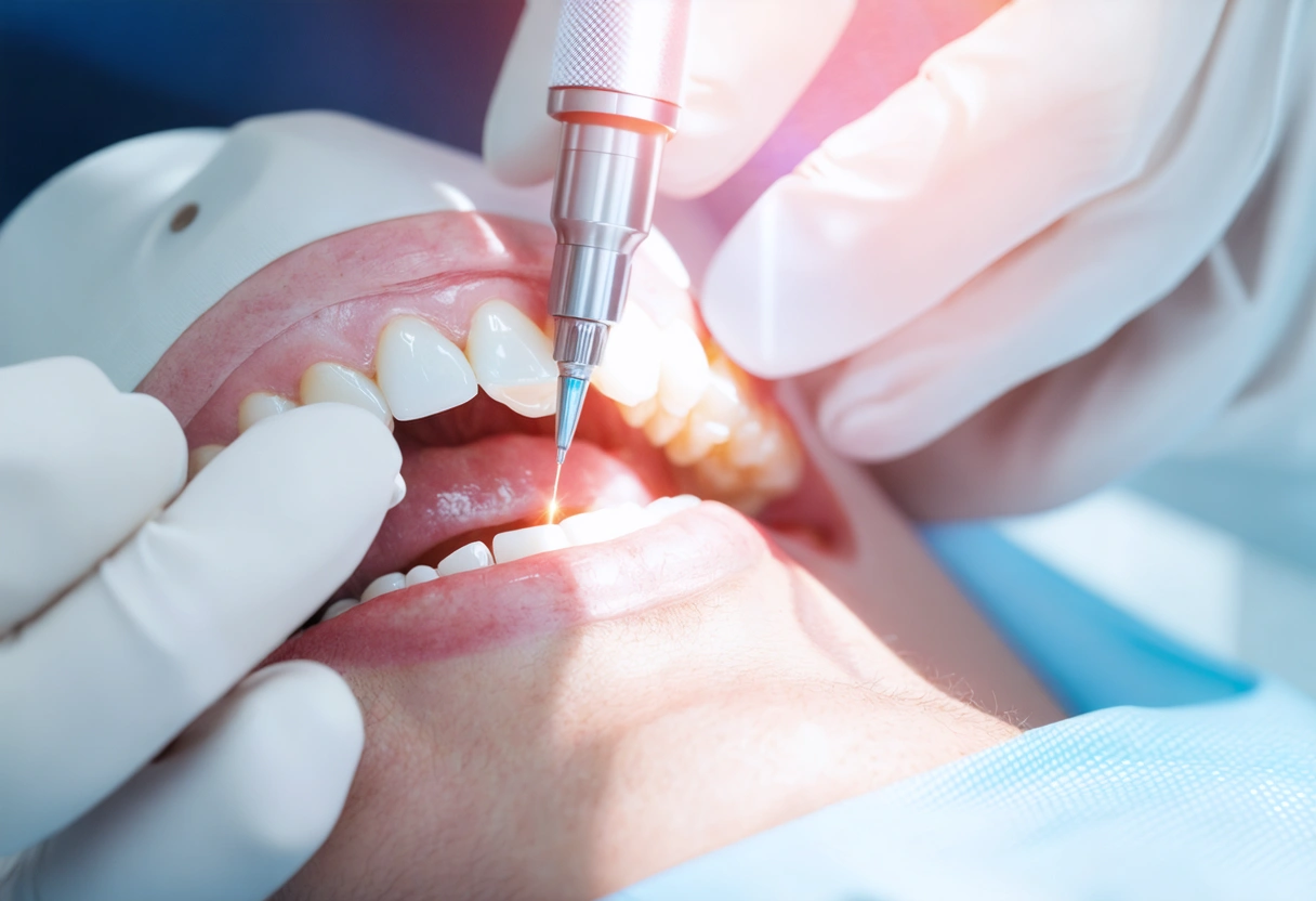 A dentist using a laser tool on a patient's teeth in a modern dental clinic,