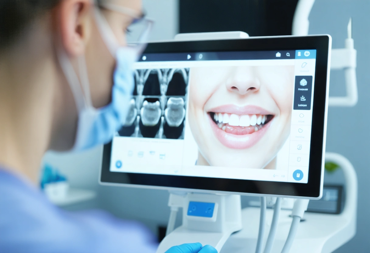 A dentist using advanced 3D imaging technology at Soleil Dental Studio. The digital screen shows