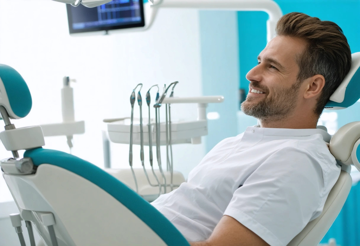 Coastal-themed dentist office with relaxed patient, highlighting advanced technology for comfort at Soleil Dental.