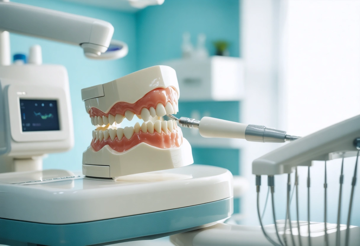Bright dental office with digital scanner creating 3D teeth model, highlighting modern equipment.