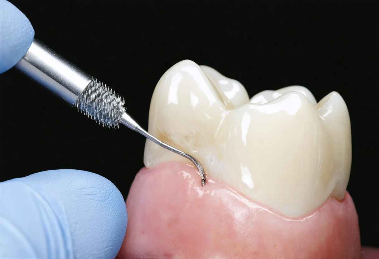 A detailed close-up of a dentist using air abrasion on a tooth, highlighting the precision
