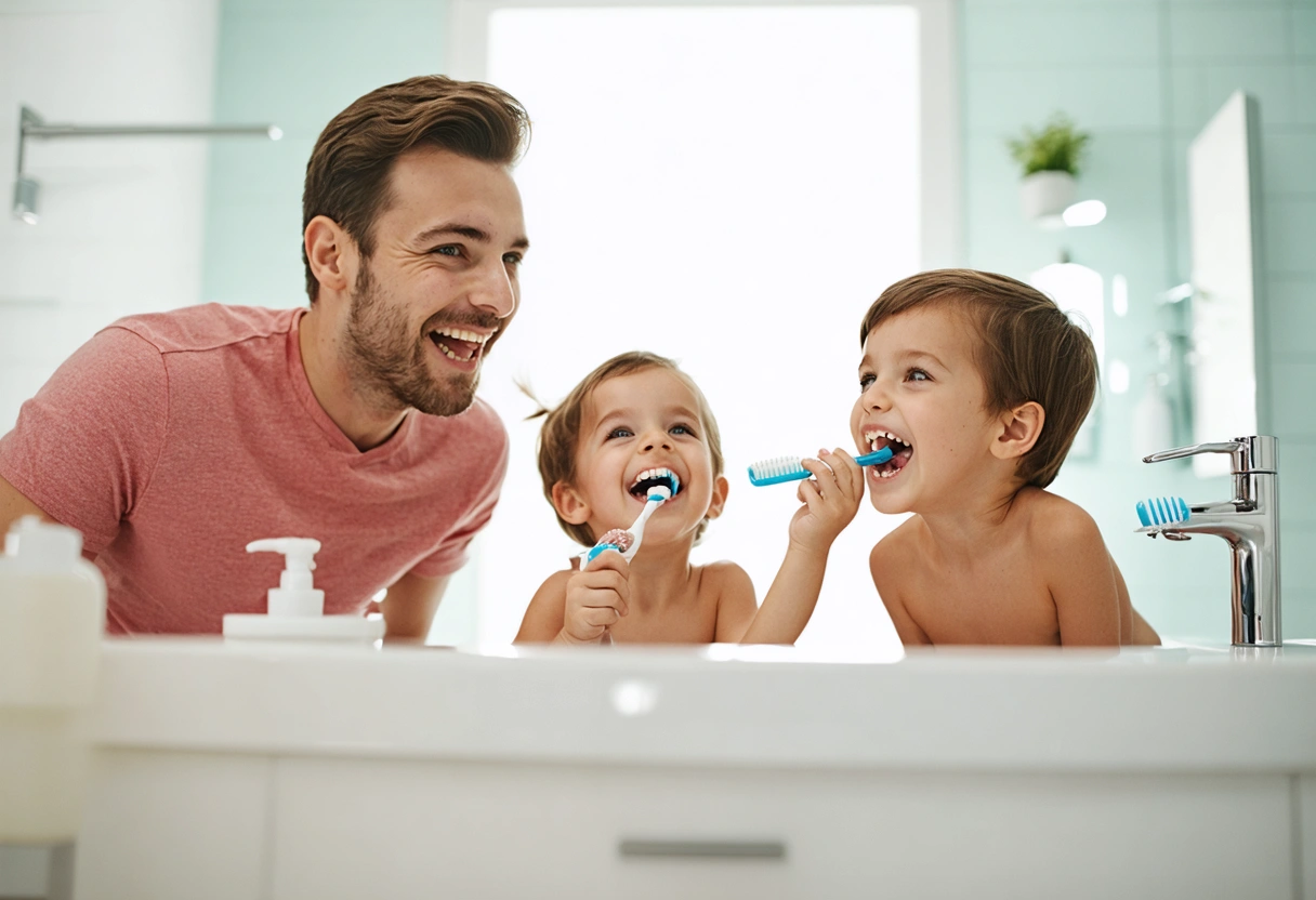 Family brushing teeth together in bright, modern bathroom, promoting oral hygiene