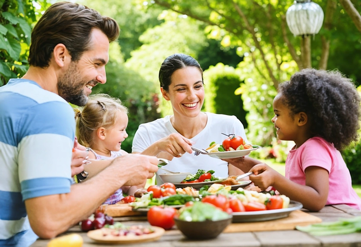 Family enjoying healthy meal outdoors in sunny garden, emphasizing wellness