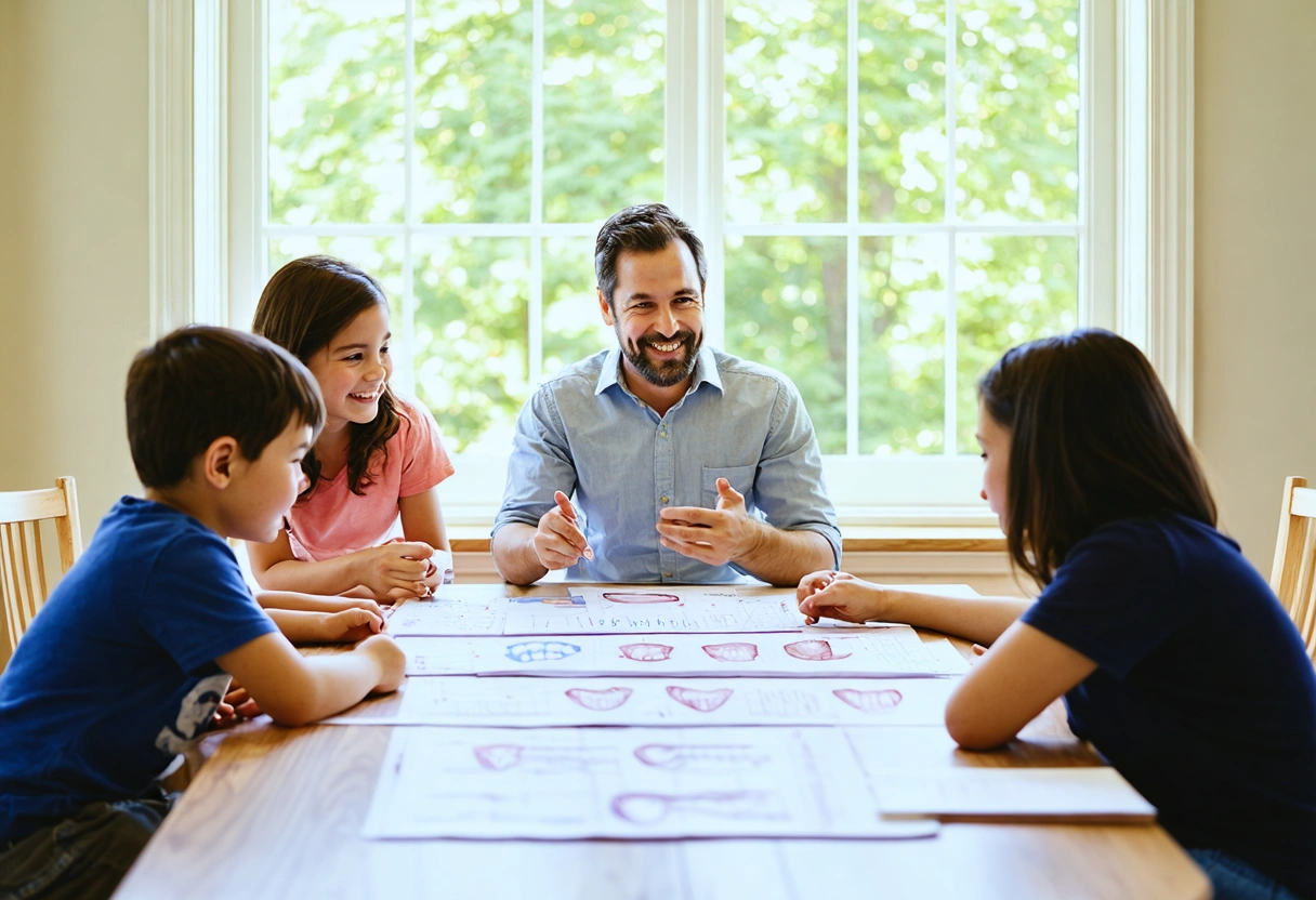 Family discussing oral health genetics around a table with dental diagrams in natural light.