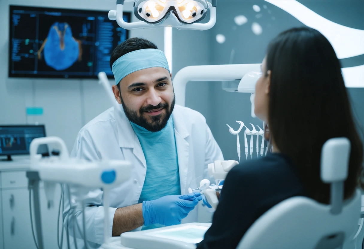A futuristic dental clinic with advanced equipment and a dentist discussing preventive care with a