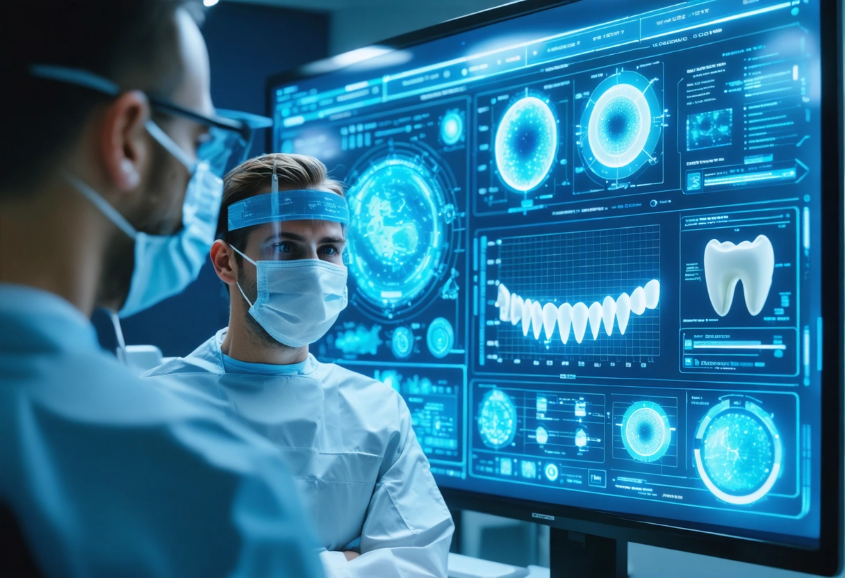 A futuristic dental office with a dentist reviewing patient data on a digital screen. The