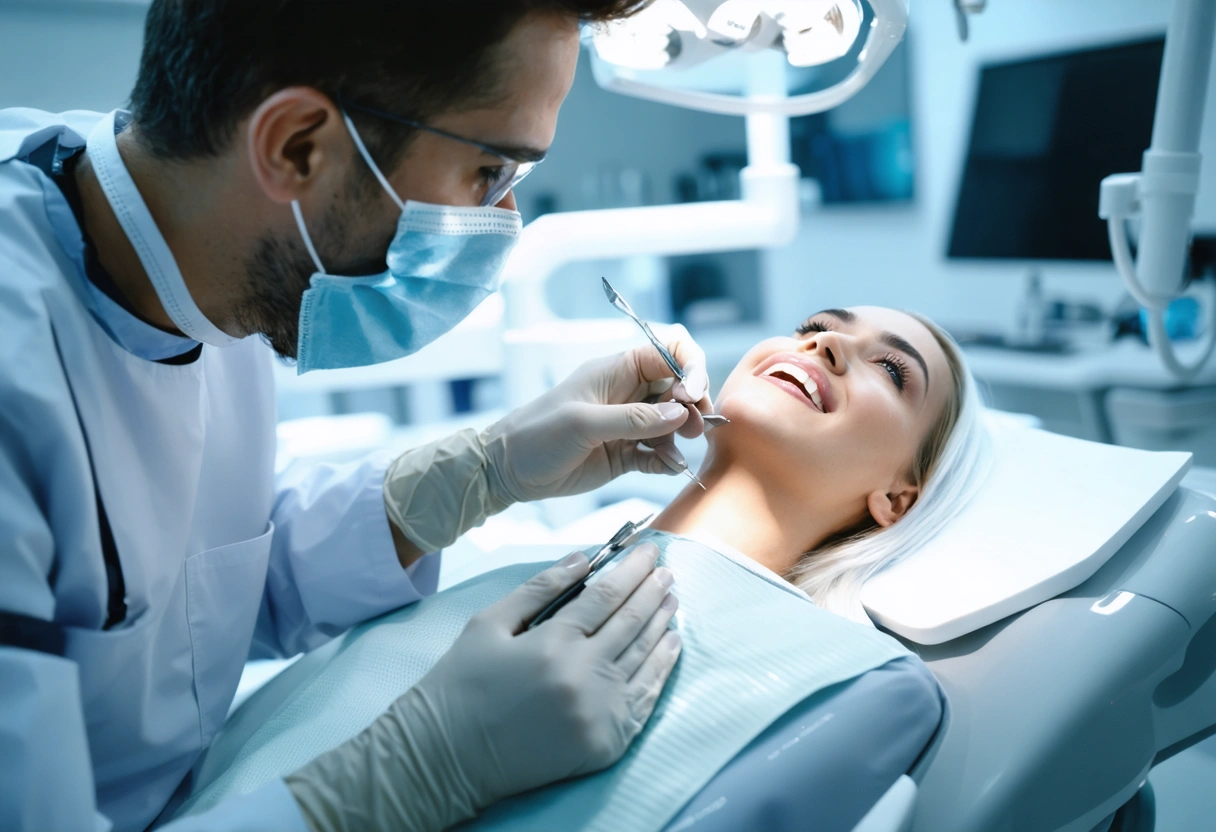 A futuristic dental studio with advanced cosmetic dentistry tools, showcasing new techniques. A dentist discusses