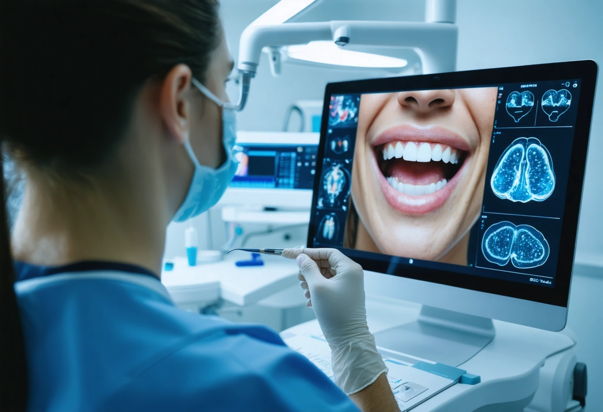 A modern dental office with advanced technology. A dentist uses AI diagnostics on a screen,