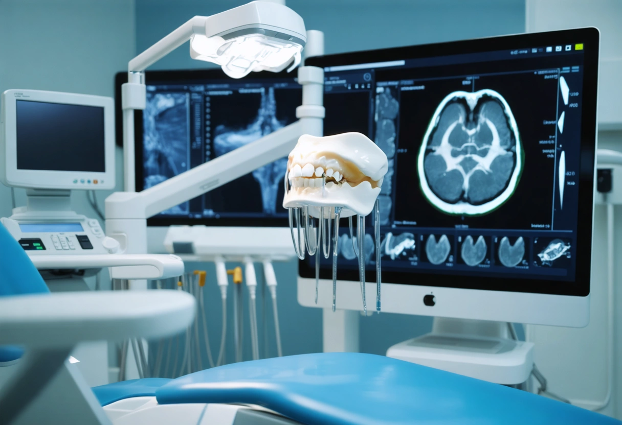 A modern dental office with state-of-the-art equipment, digital imaging screens, and 3D modeling tools. A