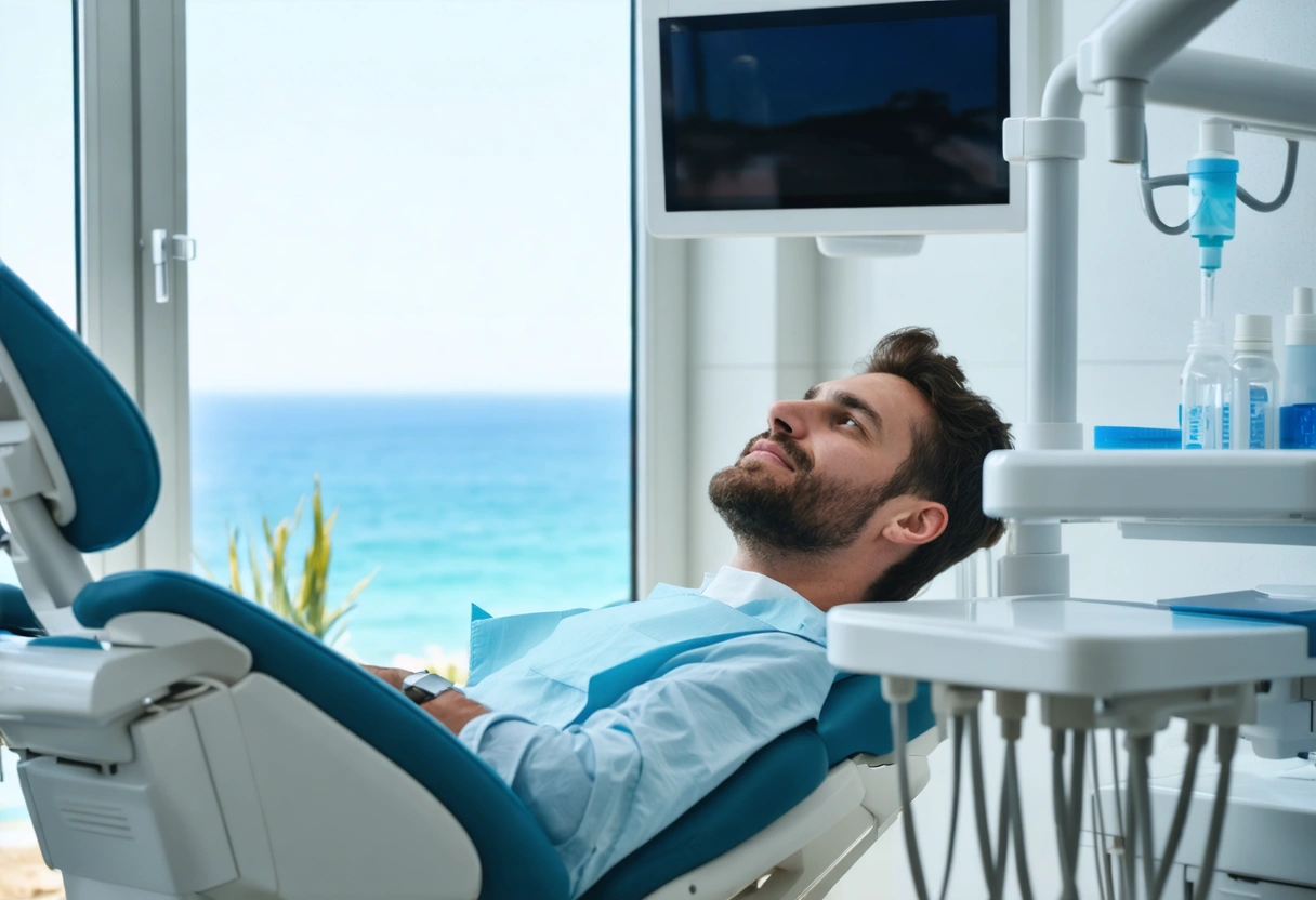 A patient in a dental chair with a serene ocean view visible outside. The dentist
