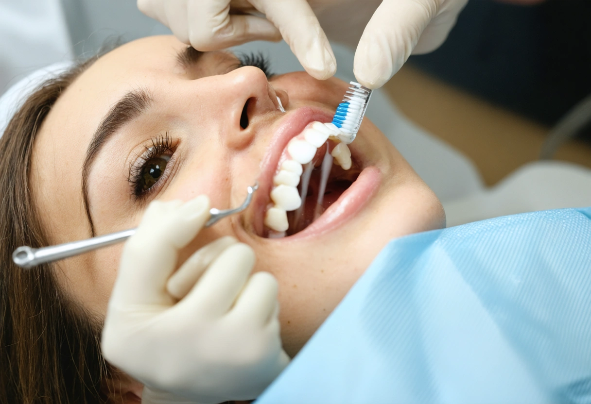 A patient receiving aftercare guidance at Soleil Dental Studio. The dentist explains oral hygiene with