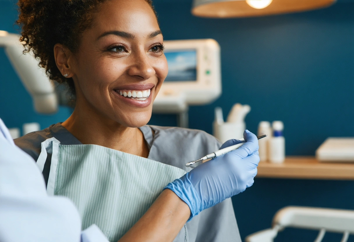 A patient sharing their success story at Soleil Dental Studio. The setting is cozy with