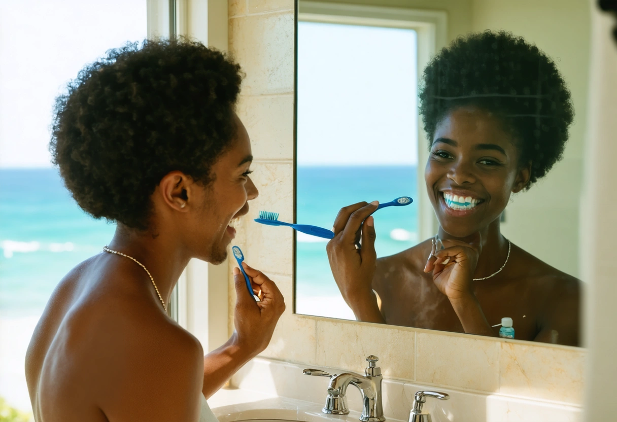 A person brushing their teeth in a sunlit bathroom, looking at their reflection with a