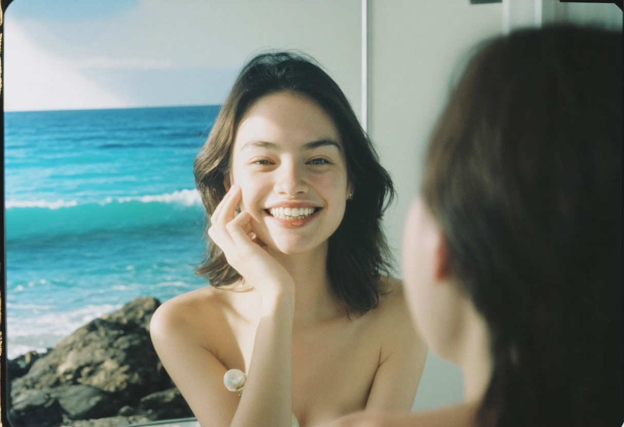 A person looking at themselves in a mirror, admiring their new Hollywood smile. The room