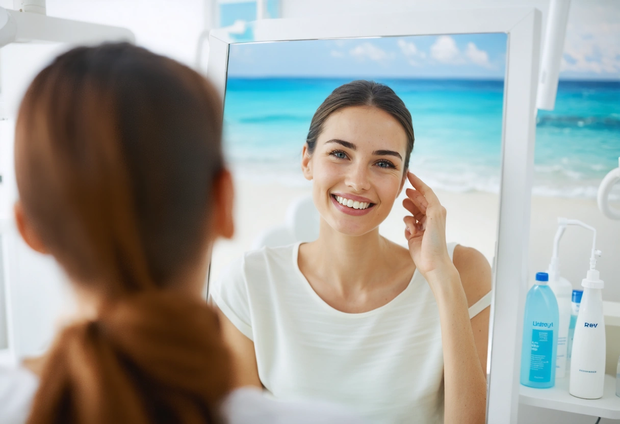 A person looking in a mirror, admiring their restored smile in a peaceful dental studio.
