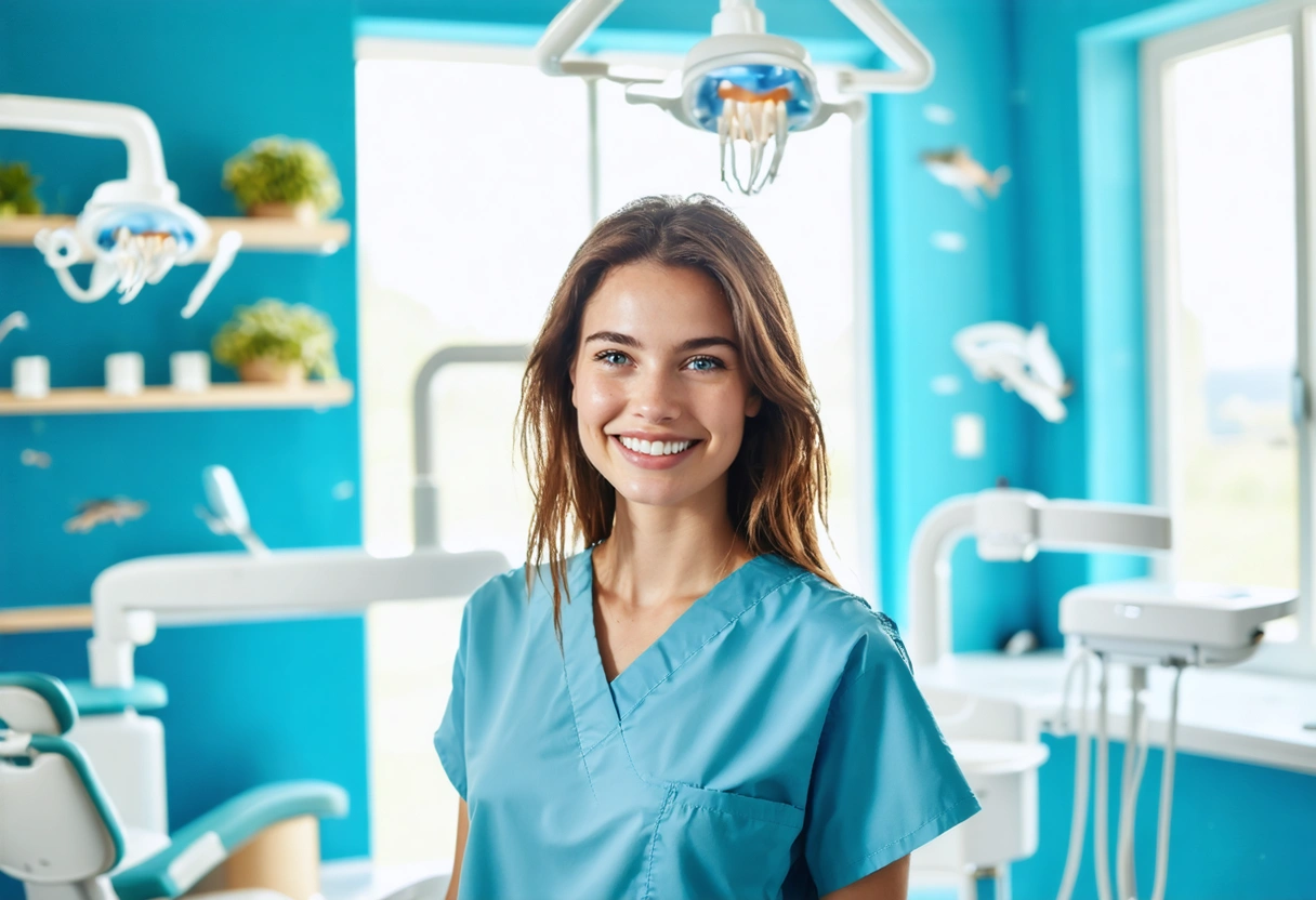 Person with a radiant smile in a sunlit, ocean-themed dental studio.