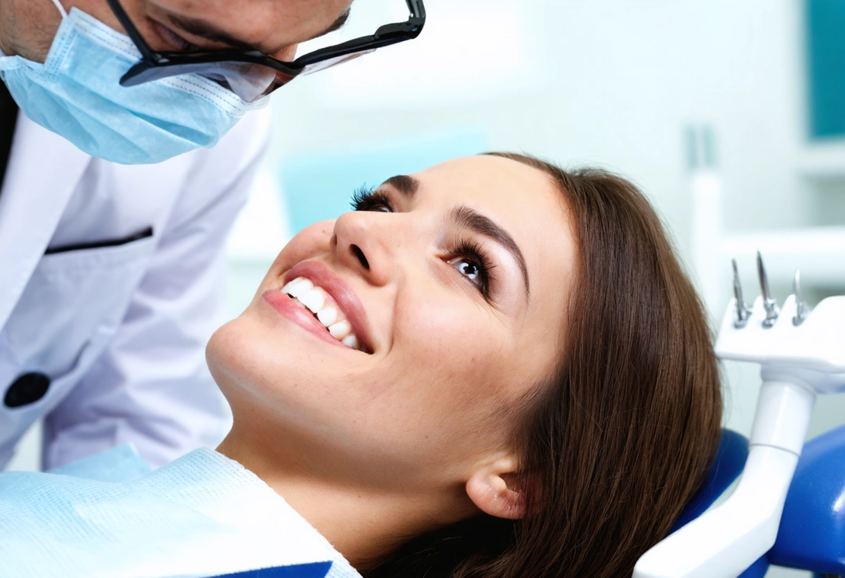 A relaxed patient in a dental chair, smiling as a dentist explains the benefits of