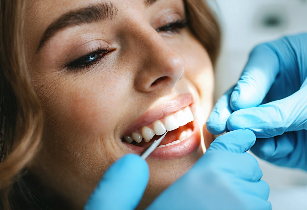 Dentist gently examines patient’s teeth in serene, naturally lit dental office, emphasizing comfort.