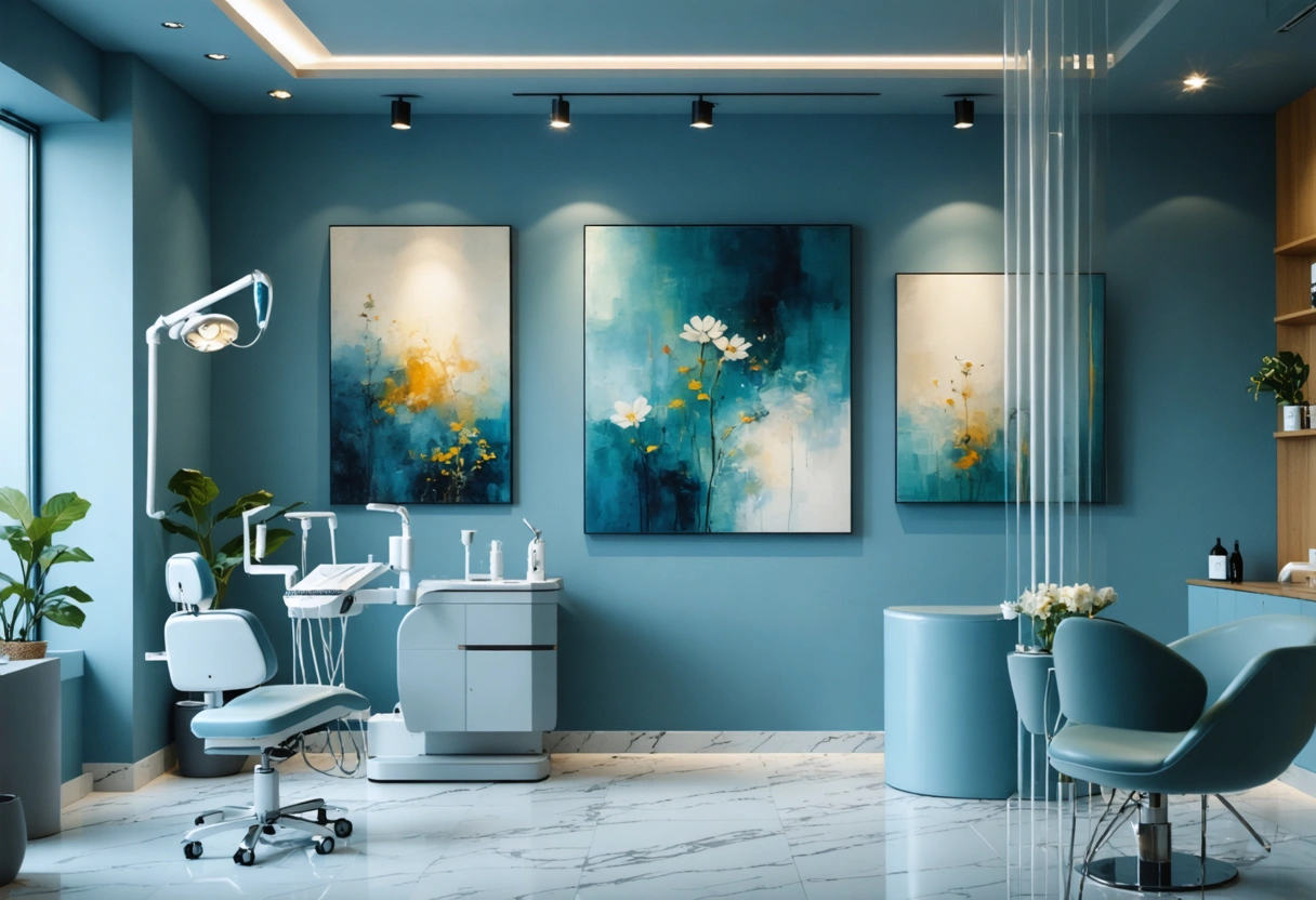Soleil Dental Studio's serene interior, blending art and science with calming colors and ambient lighting.