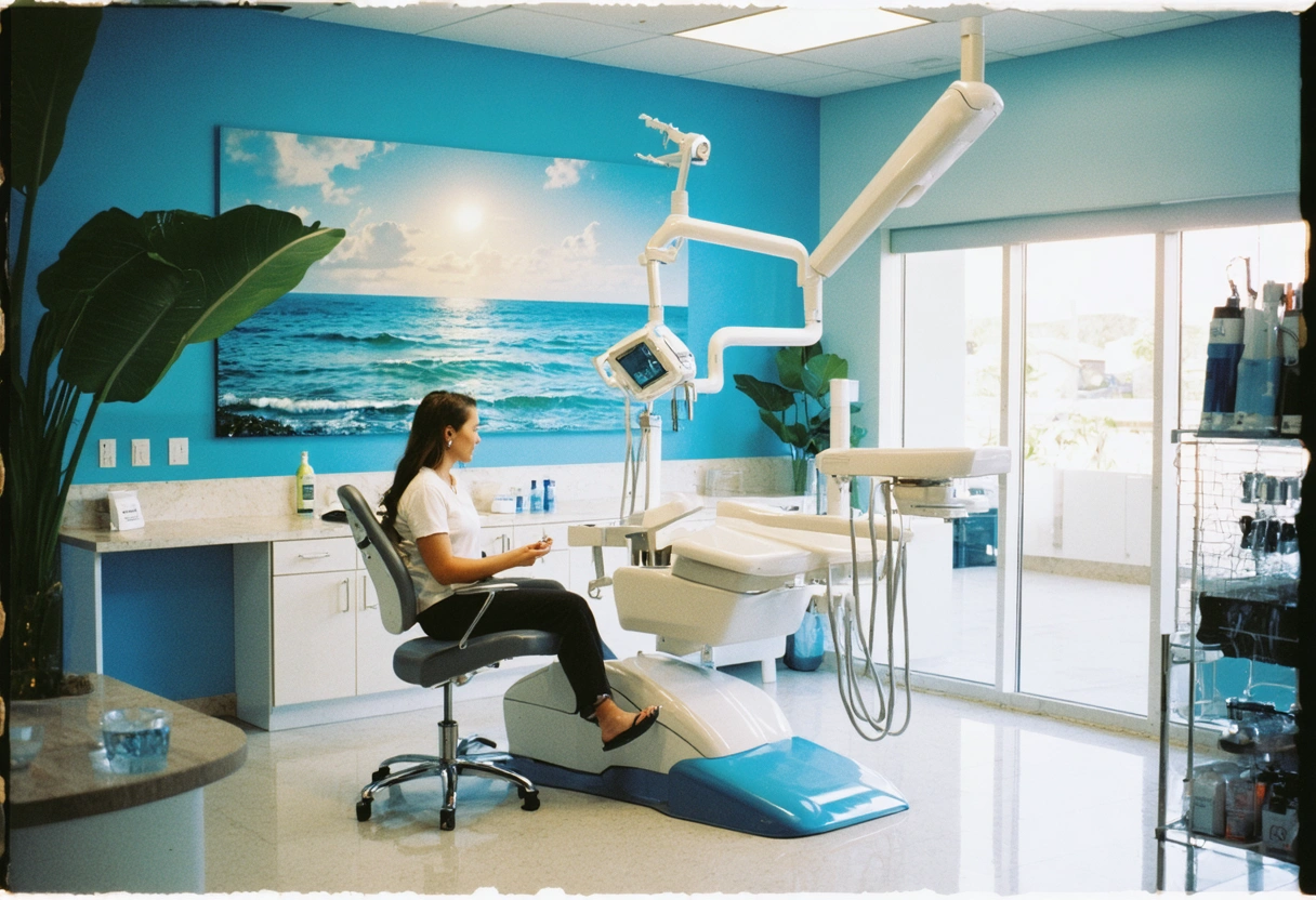 Dentist and patient discuss aligners in ocean-themed dental studio