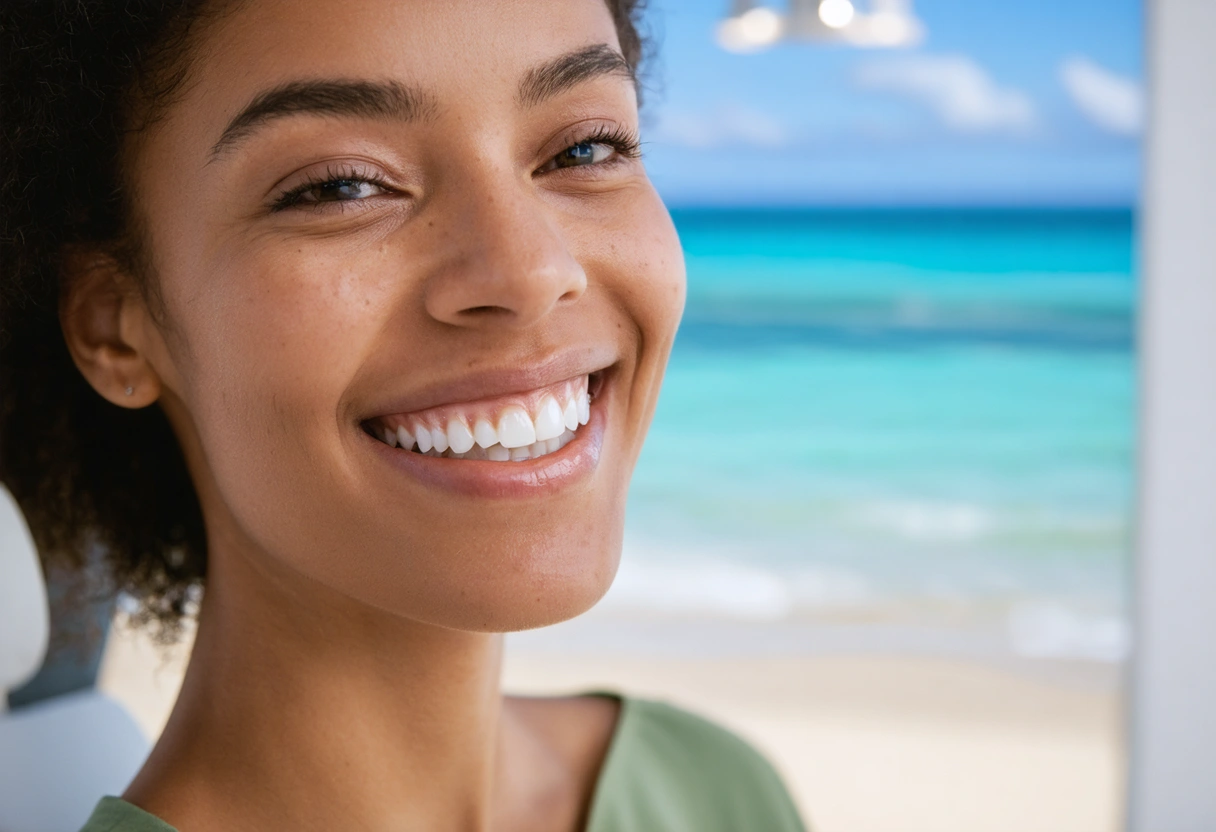 Person with natural-looking smile in a bright, ocean-themed dental office, exuding confidence.