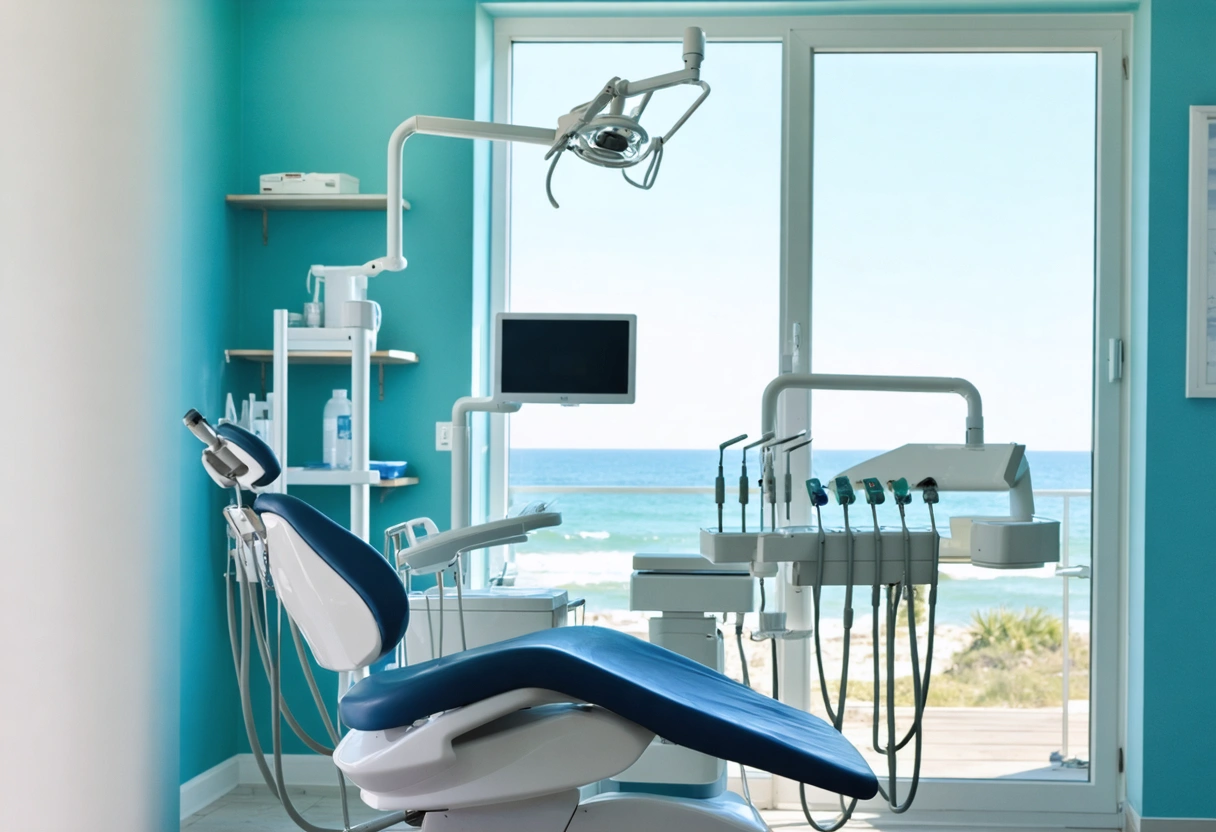 A welcoming dental studio with a dentist consulting a patient. The room has calming ocean-inspired